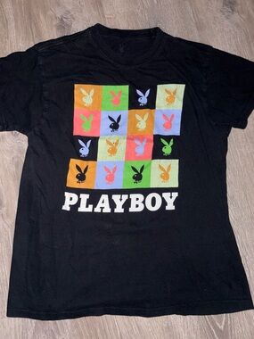 PLAYBOY Black Tee with Multicolor Bunny Grid